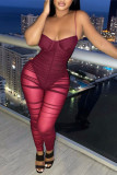 Red Fashion Sexy Patchwork Solid Backless Spaghetti Strap Skinny Jumpsuits