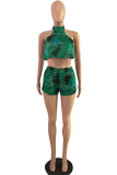 Green Fashion Sexy Print Backless Half A Turtleneck Sleeveless Two Pieces