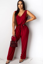 Wine Red Sexy Solid Polyester Sleeveless V Neck Jumpsuits