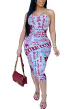 Red Fashion Sexy adult Ma'am Off The Shoulder Sleeveless Halter Neck Step Skirt Knee-Length Print Character backless Dresses