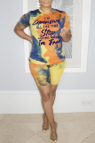 Pink Casual Patchwork Tie-dye O Neck Short Sleeve Two Pieces