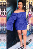 Navy Blue Sexy Bubble sleeves Long Sleeves V Neck Asymmetrical Knee-Length asymmetrical Solid Patchw