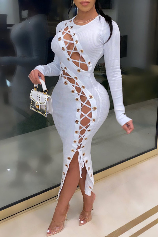 White Sexy Solid Hollowed Out Split Joint Frenulum O Neck A Line Dresses