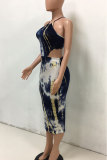 Blue Fashion Sexy adult Black Blue Off The Shoulder Sleeveless Slip A-Line Mid-Calf Print Patchwork bandage backless Tie and dye asymmetrical Dresses