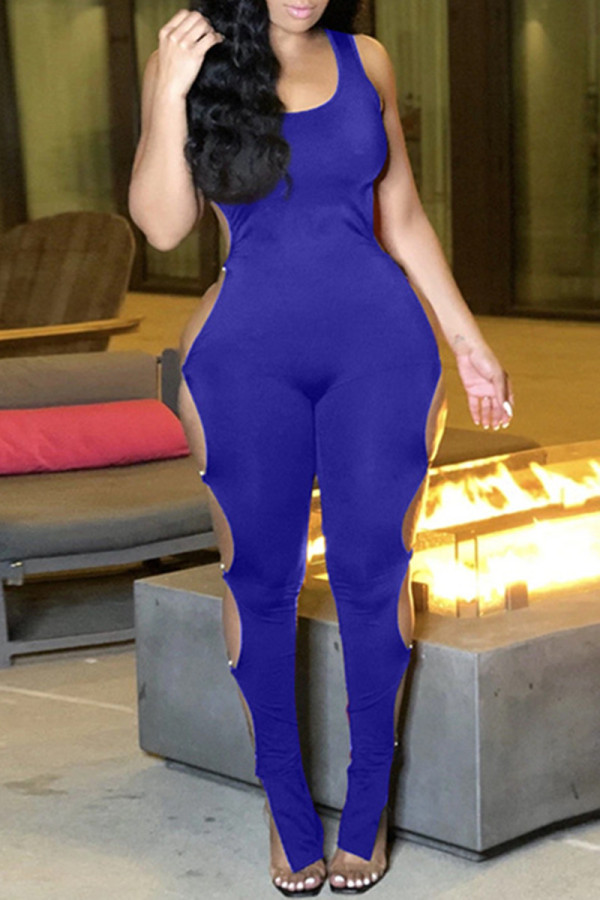 Blue Fashion Sexy Solid Hollowed Out O Neck Skinny Jumpsuits
