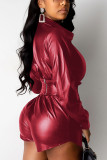 Wine Red Sexy Solid Bandage With Belt Turndown Collar Regular Jumpsuits