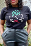Black Fashion Casual Print Basic O Neck Tops