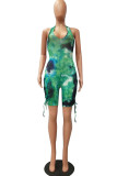 Blue Fashion Sexy Print Tie-dyed Hollow Sleeveless Hanging neck Rompers