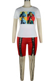 Red knit Fashion Sexy adult Ma'am Patchwork Print Character Bandage Two Piece Suits Straight Short Sleeve Two Pieces