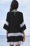Black Polyester Fashion Sexy Ruffled Sleeve Half Sleeves O neck Asymmetrical Knee-Length Patchwork Solid