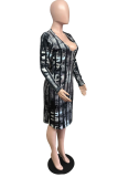 Black Sexy Print Split Joint V Neck Pencil Skirt Dresses