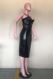 Black Sexy Solid Backless Slit V Neck Sling Dress