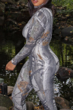 Grey Sexy Print Hollowed Out Turtleneck Long Sleeve Two Pieces