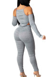 Grey Fashion Sexy Adult Polyester Solid Fold Halter Skinny Jumpsuits