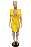 Yellow Sexy Solid Split Joint V Neck Pencil Skirt Dresses