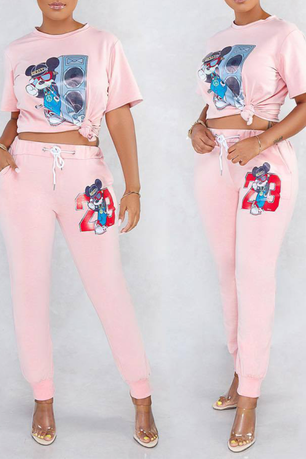Pink Casual Print Patchwork O Neck Short Sleeve Two Pieces