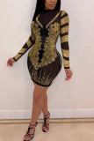 Gold Fashion Sexy Adult Polyester Patchwork See-through Sequined O Neck Long Sleeve Knee Length Wrapped Skirt Dresses