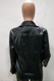 Black PU Street Mandarin Collar Solid Zippered Patchwork Zipper Plus Size Tops