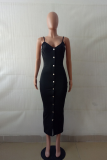 Blue Sexy Solid Buttons Spaghetti Strap Sheath Dresses