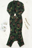 Leopard print Cotton Sexy Cap Sleeve Long Sleeves Turtleneck Step Skirt Floor-Length camouflage Leopard Print