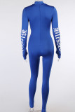 Blue Sportswear Letter Solid Split Joint O Neck Regular Jumpsuits