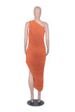 Orange Casual Solid High Opening One Shoulder Sleeveless Dress Dresses