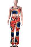 Red Polyester Sexy Print Boot Cut Sleeveless Two-piece Pants Set