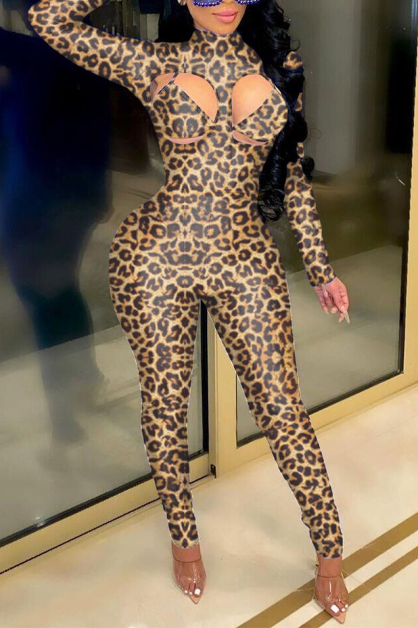 Leopard Print Casual Leopard Hollowed Out Half A Turtleneck Jumpsuits