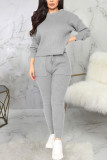 Grey Sexy Solid Split Joint O Neck Long Sleeve Two Pieces