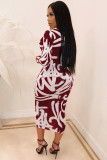Red Polyester Sexy adult Fashion Cap Sleeve Long Sleeves O neck Step Skirt Mid-Calf Patchwork Print