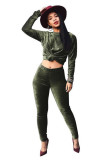 Army Green Velvet Lightly cooked Fashion adult Solid Two Piece Suits pencil Long Sleeve Two-piece Pants Set