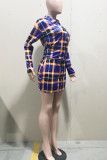 Blue Fashion Sexy Plaid Print Turndown Collar Long Sleeve Two Pieces