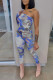 Blue Fashion Sexy Print Backless Oblique Collar Long Sleeve Two Pieces