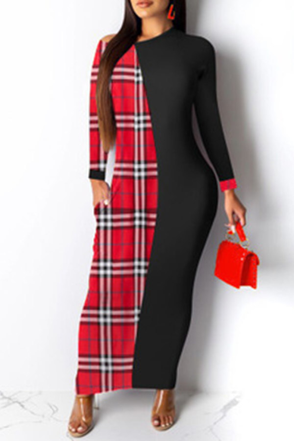 Red Casual Plaid Patchwork O Neck Straight Dresses