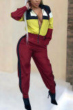 Red Elastic Fly Long Sleeve Mid Patchwork Print pencil Pants