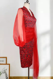 Red Sexy Print Mesh Pencil Skirt Dresses