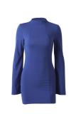 Royal blue adult Fashion Sexy Bell sleeve Long Sleeves O neck Pencil Dress Mini Solid chain split bac