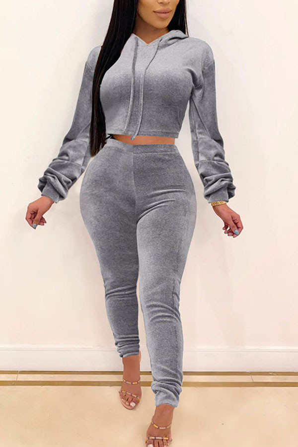 Grey Fashion Sexy Adult Flocking Solid Hooded Collar Long Sleeve Regular Sleeve Short Two Pieces