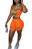Orange Fashion Casual adult Ma'am Print Burn-out Two Piece Suits pencil Sleeveless Two Pieces