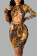 Yellow Sexy Print Bandage O Neck Wrapped Skirt Dresses