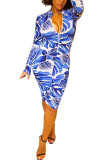 Blue Milk. Fashion Casual adult Ma'am Cap Sleeve Long Sleeves O neck Step Skirt Mid-Calf Print chain Dresses