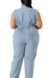 Light Blue Polyester Europe and America Turndown Collar Solid Hole washing Plus Size