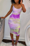 Sky Blue Sexy Cyan purple Sky Blue Spaghetti Strap Sleeveless Slip A-Line Knee-Length Print Mesh Draped Dresses