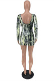 Light Green Fashion Sexy Print Strap Design V Neck Long Sleeve Dresses