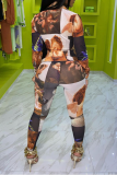 Multicolor Sexy Print Patchwork Turndown Collar Long Sleeve Two Pieces