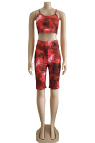 Red Fashion Casual Print Tie Dye Backless Spaghetti Strap Sleeveless Two Pieces