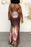 Champagne Fashion Sexy Solid Backless Slit Spaghetti Strap Evening Dress