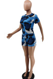 Blue Fashion Sexy adult Ma'am Patchwork Print Hole Two Piece Suits Straight Short Sleeve Two Pieces