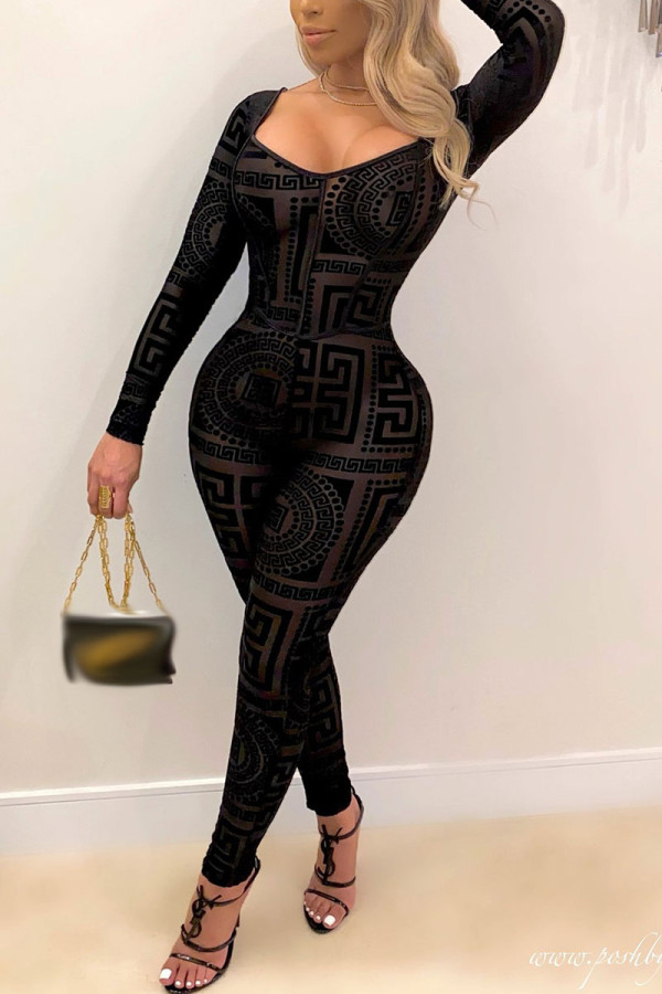 Black Sexy Solid U Neck Regular Jumpsuits