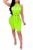 Fluorescent green Polyester Fashion adult OL Letter Patchwork Print Bandage asymmetrical Two Piece Suits pencil Sleeveless Two Pieces